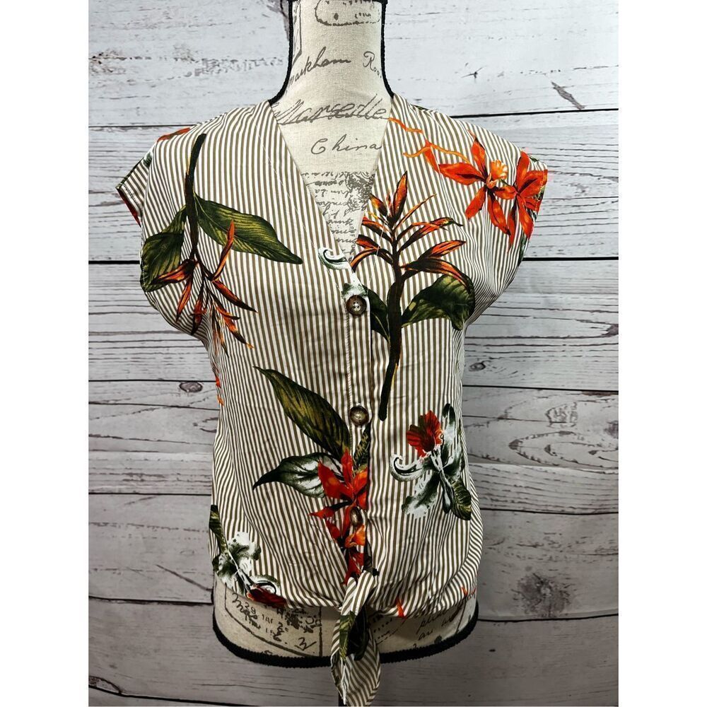 Sienna Sky Tropical Floral Stripe Button Front Tie Waist Top XS